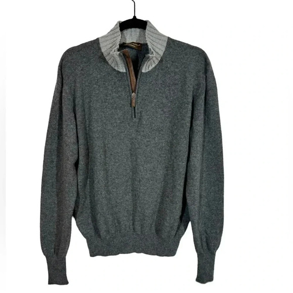 Doriani 100% Cashmere Half Zip Sweater Suede Trim Made in Italy Sz:50/Medium - Picture 1 of 6